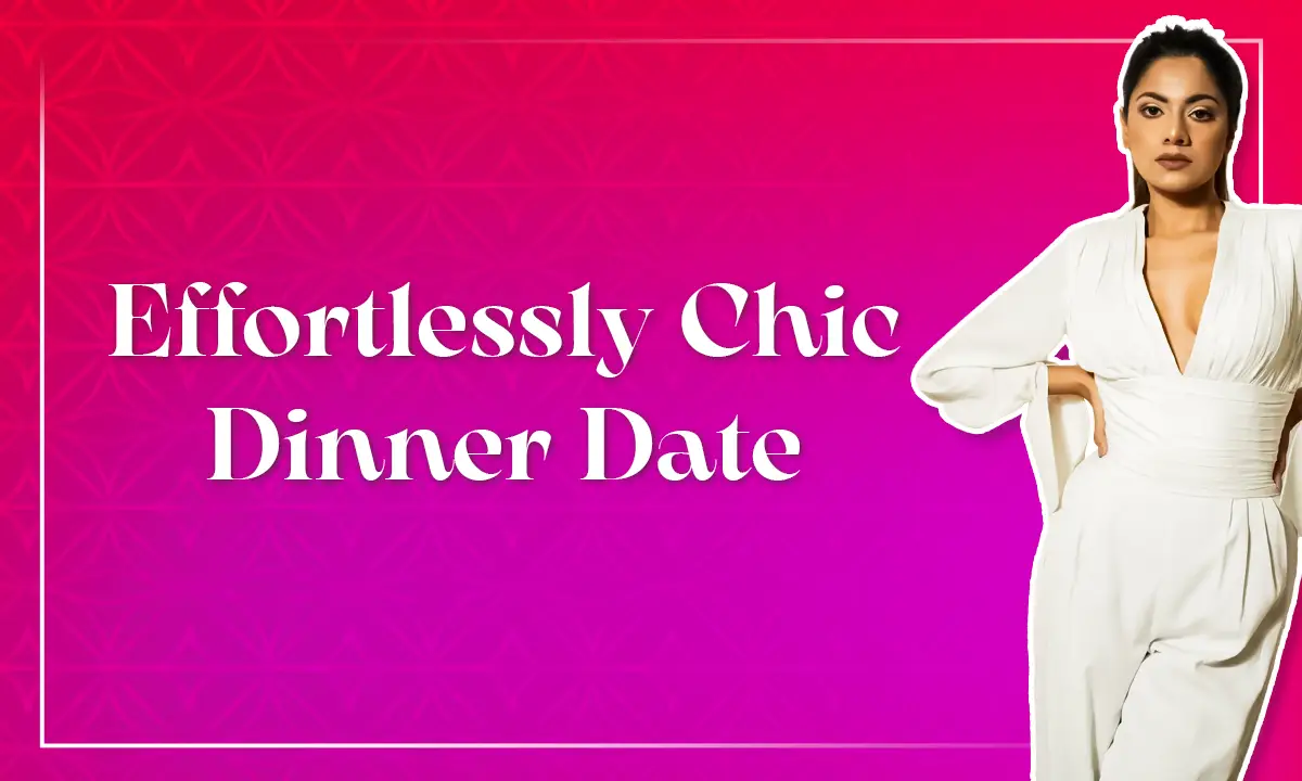 Banner including a girl wearing a pair of tailored trousers paired with a female blouse or a silk camisole with a text written effortlessly chic dinner date.